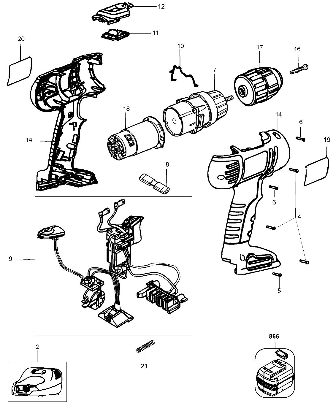 Default Diagram and Parts List for HP120K-B3 Type 1 Black and Decker Hammer Drill